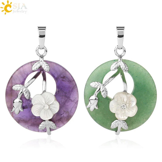 Natural Stone Donut Pendant – Round Flower & Leaf Design for Reiki Healing & Necklace Making